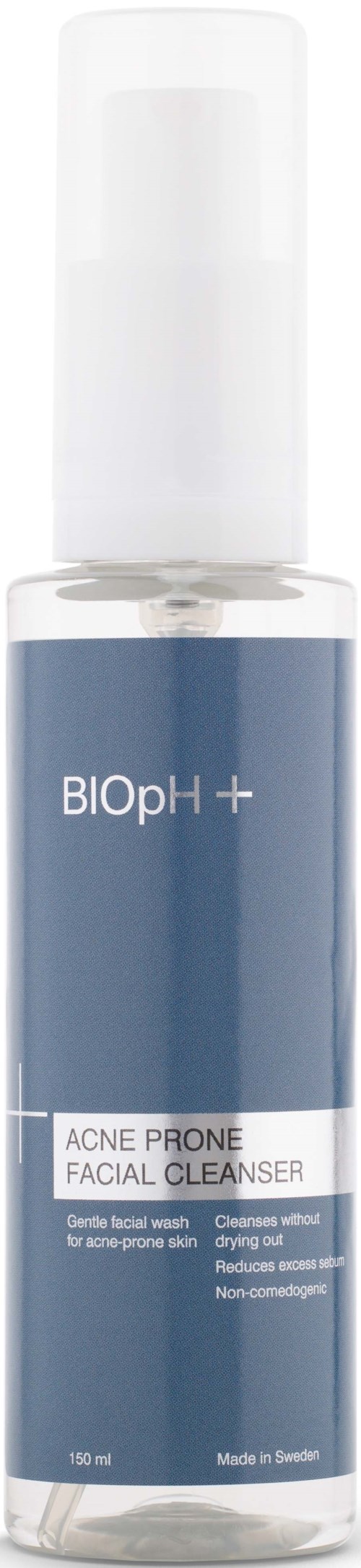 En blå och vit flaska märkt BIOPh++ Acne Prone Facial Cleanser, för att rengöra huden.