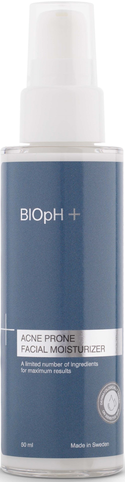 En hudvårdsflaska märkt BIOpH + för aknebenägen hud, tillverkad i Sverige, 50 ml volym.