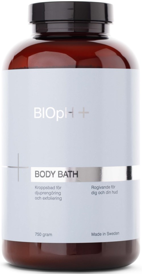 En brun flaska etiketterad 'BODY BATH' innehåller 750 gram, tillverkad i Sverige, avsedd för hud och exfoliering.