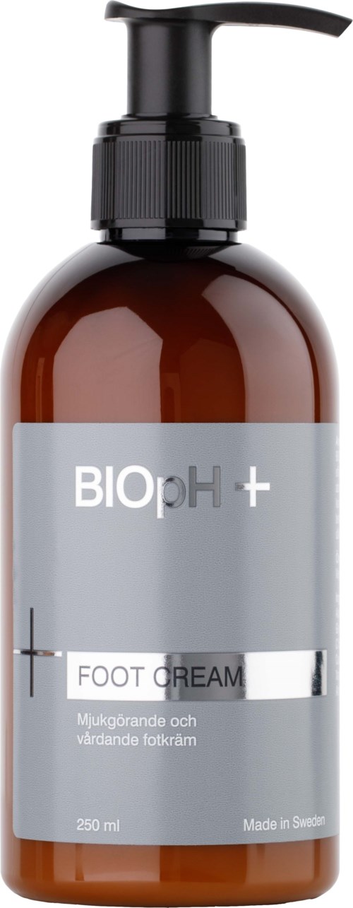 En brun flaska med pump och grå etikett, märkt 'BIOPH+ FOOT DREAM', 250 ml, på svenska.