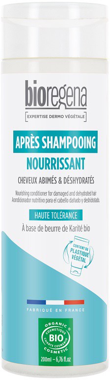 Es ist eine Flasche nährenden Shampoos für geschädigtes und dehydriertes Haar, hergestellt mit biologischen Inhaltsstoffen, geeignet für empfindliche Kopfhaut.