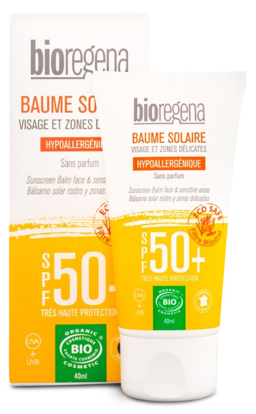 Eine Tube und Verpackung von Sonnenschutzbalsam für Gesicht und empfindliche Bereiche, bietet SPF 50+ Schutz, ist bio, hypoallergen und umweltfreundlich.