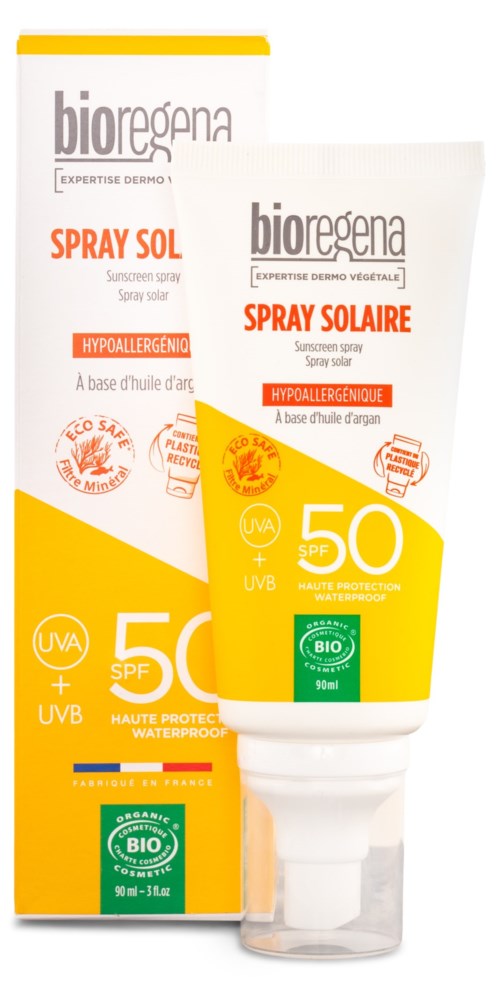 Eine Tube und Schachtel mit Bioregena SPF 50 Sonnenschutzspray, hypoallergenisch mit UVA-Schutz und biologisch.