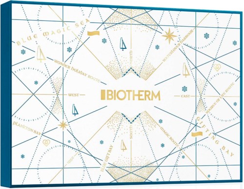 Een kaartachtig ontwerp met lijnen, sterren en labels, in het midden het woord 'BIOTHERM'.