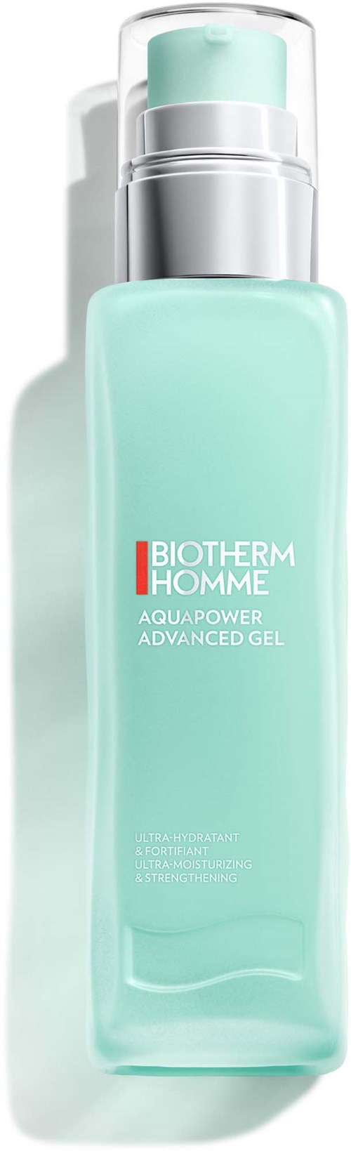 Pitkä, vaaleansininen pullo Biotherm Homme Aquapower Advanced Gel, jossa pumppupumppu.