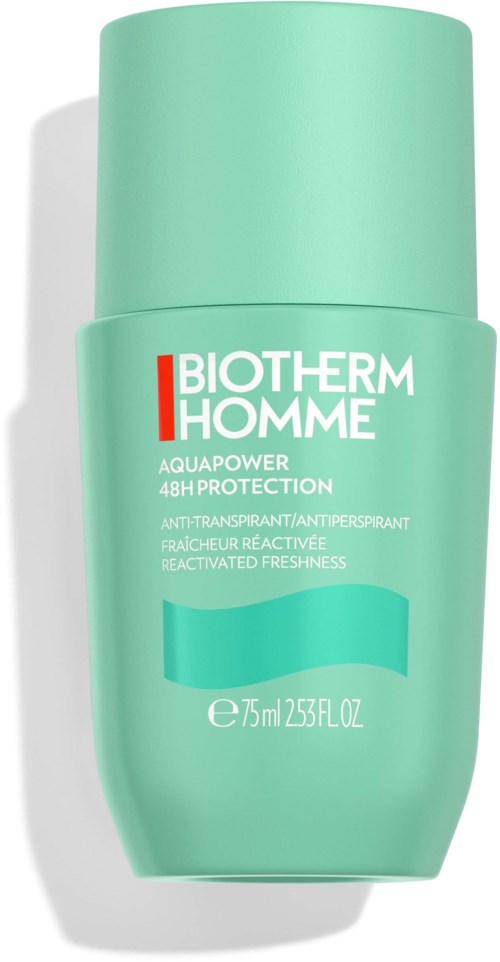 Een lichtgroene fles Biotherm Homme Aquapower deodorant met 48 uur bescherming en verfrissende geur.