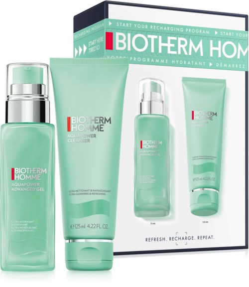 Set van vier Biotherm Homme huidverzorgingsproducten in lichtgroene verpakkingen, met een doos op de achtergrond.