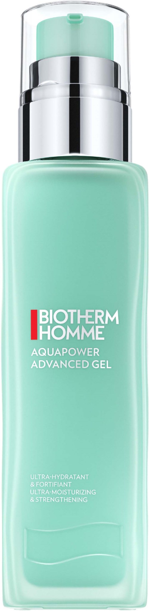 Een lange, lichtgroene fles met een zilverkleurige dop, gemarkeerd als Biotherm Homme Aquapower Advanced Gel.