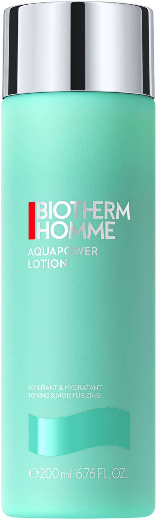 Pituus, vaaleanvihreä pullo hopealla kannella, sisältää Biotherm Homme -voiteen iholle.