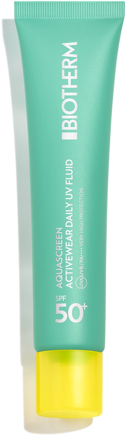 Groene tube Biotherm zonnebrand met gele dop, SPF 50+ voor dagelijks buitenschutz.
