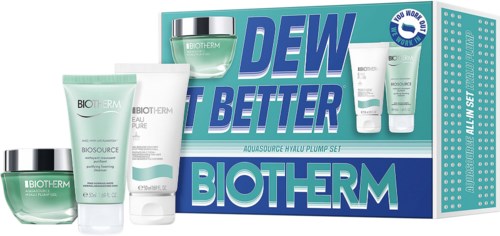 Biotherm hudpleieprodukter i en eske, inkludert kremer og rens, med en etikett som fremmer en ny verdisett.