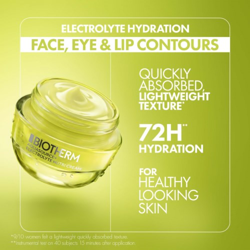 Green jar of Biotherm Aquasource skin moisturizer with product details on a light green background.