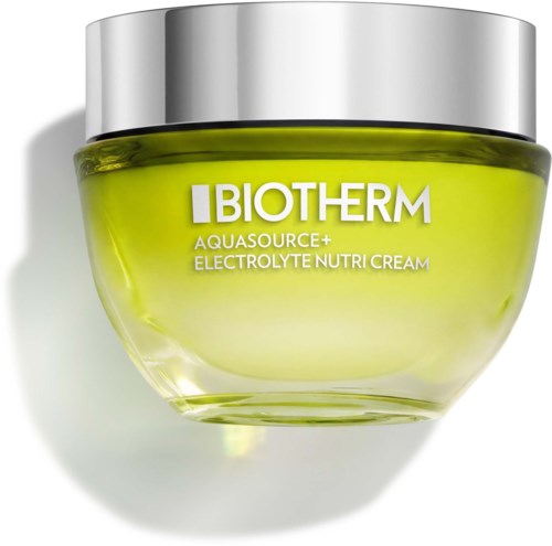 Hydrating cream in a glass jar with a silver lid, labeled Biotherm Aquasource+ Electrolyte Nutri Cream.