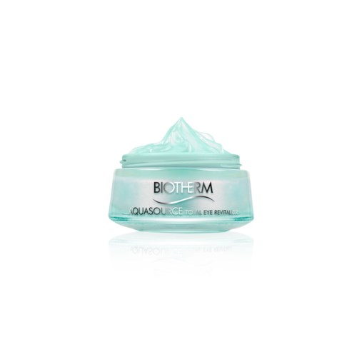 Een potje Biotherm Aquasource crème met blauwe gel erin, gebruikt voor oog- en gezichtshydratatie.