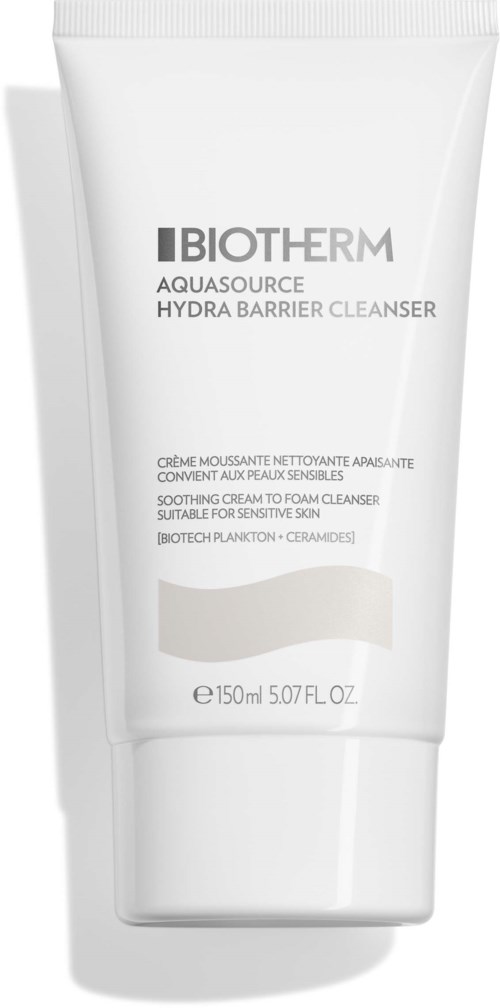 Valkoinen Biotherm Aquasource Hydra Barrier Cleanser -putsikkupaketti, jossa lukee miedosti rauhoittava kasvojenpesuaine herkästä ihosta.