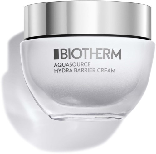 Een witte pot met zilveren deksel, labeled Biotherm Aquasource Hydra Barrier Cream, lijkt voor huidverzorging.