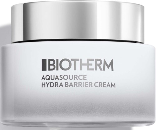 Een witte pot met een zilveren deksel met de tekst 'Biotherm Aquasource Hydra Barrier Cream.'
