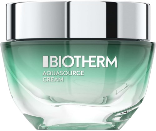 En krukke med Biotherm Aquasource krem med sølvlokk og grønt glassbeholder.