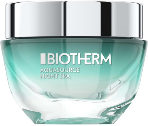 Et glasskrukke med Biotherm Aquasource Night Spa, sølvlokk og grønt gelinnhold.