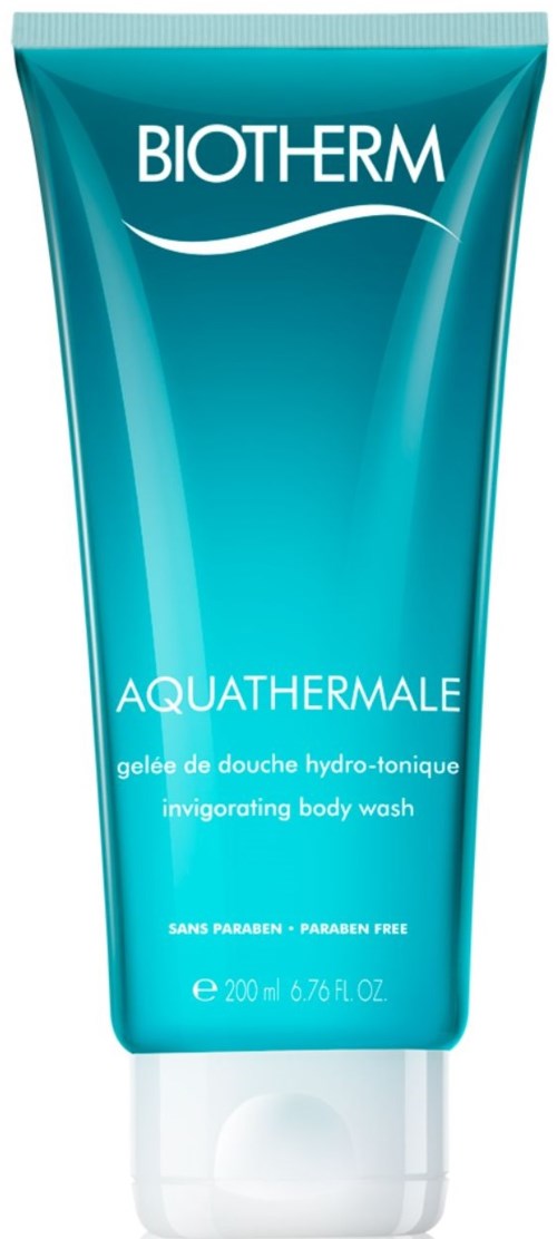 Blauwe en turquoise tube van Biotherm Aquashelle doucheschuim, 200 ml, zeepvrij, verkwikkende geur.