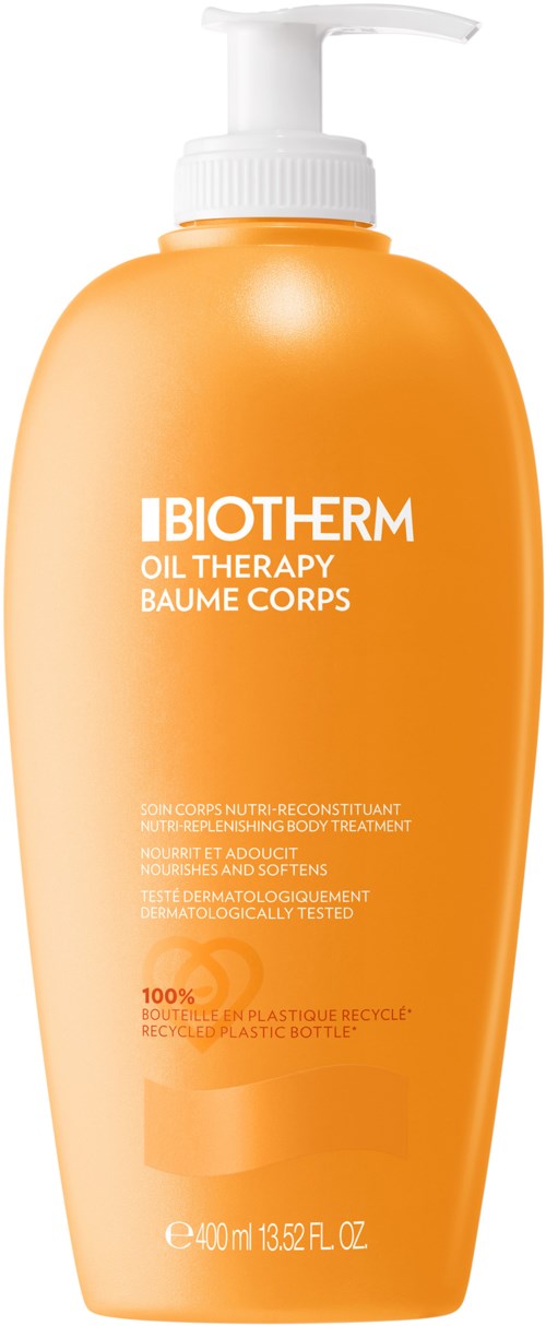 Orange pumpflaska, märkt Biotherm Oil Therapy för hudvård, 100 ml. Ser ut att vara en hudvårdsprodukt.