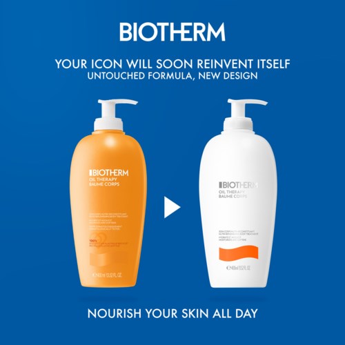 Biotherm-logotyp med flaskor, en orange och en vit, som visar en ny design för hudfuktningsprodukter.