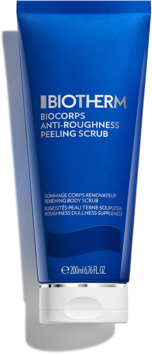 Sininen puteli merkitty Biotherm Biocraps Anti-Roughness Peeling Scrub. Sisältää 200ml. Ihon sileyttä ja uudistumista varten.