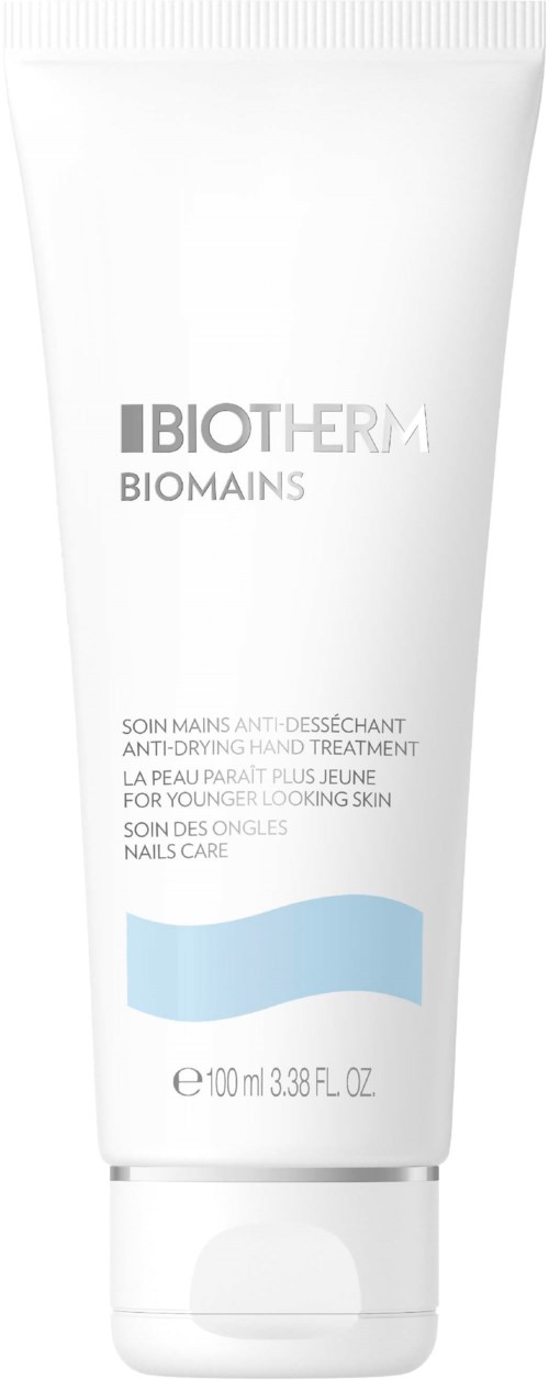 Witte tube met Biotherm Biomes branding, voor anti-drogende handcrème, geschikt voor jongere huid, 100ml.