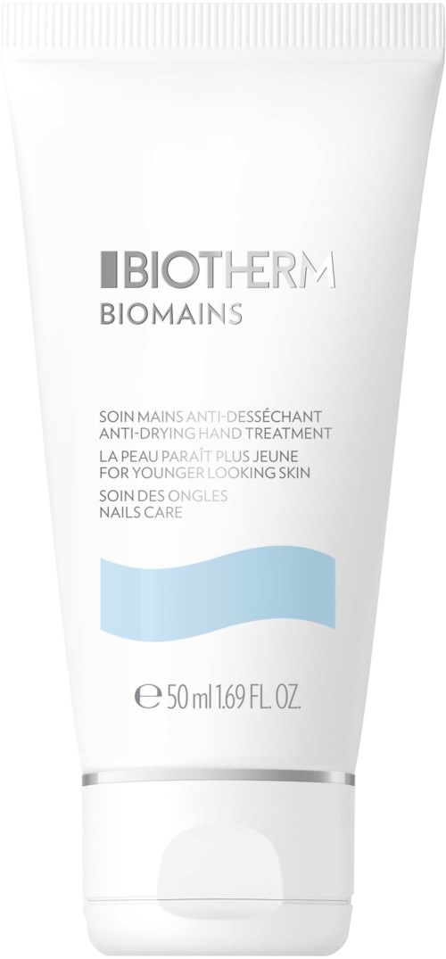 En vit tub med Biotherm handkräm med blå och grå text samt en vågmönster, 50 ml storlek.