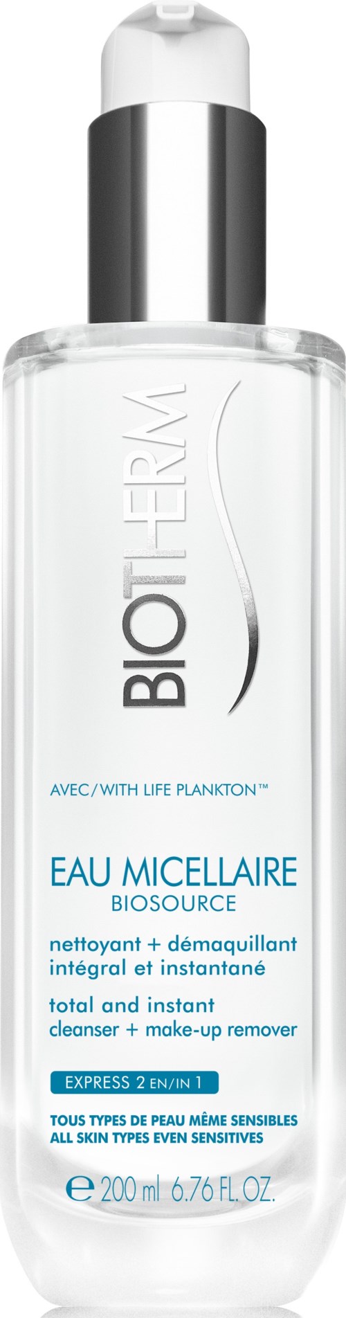 Een duidelijke gezichtsreinigerfles met 'BIOTHERYA' label en pomp, gebruikt voor huidreiniging en make-upverwijdering.