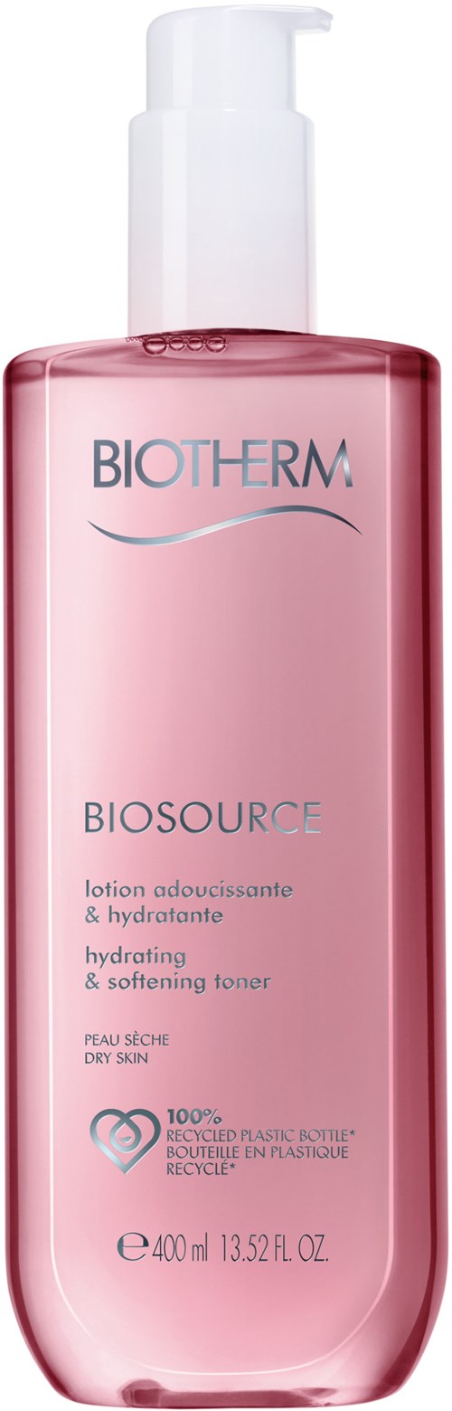 Pinkfarbene Flüssigkeitsflasche mit Pumpen, BioTherm Biosource, feuchtigkeitsspendendes und weichmachendes Toner. 400 ml.