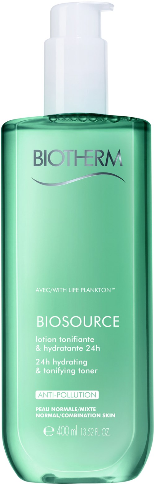En grön flaska med Biotherm biosource toner, med vit pump, för normal och blandad hy.