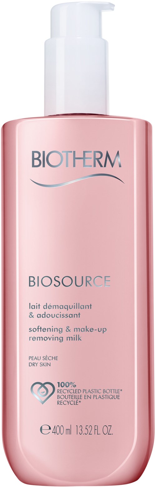 Pink bottle of Biotherm Biosource makeup removing milk with a pump. Text in French and English. 400 ml size.