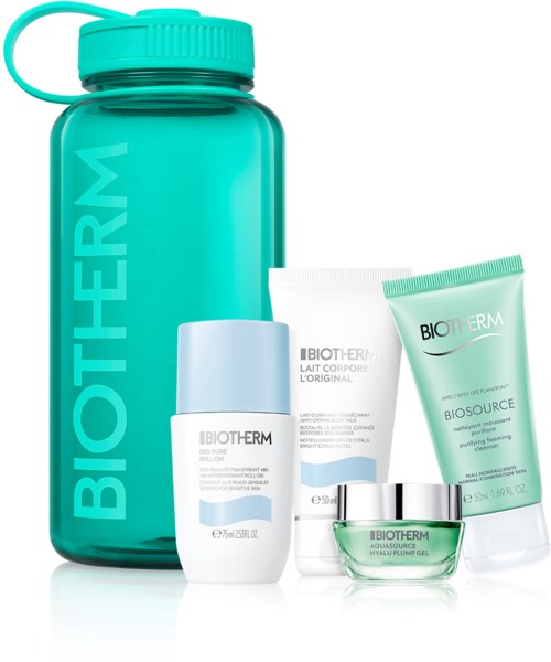 A large teal water bottle with the brand name Biotherm, surrounded by skincare cream tubes and a small jar.