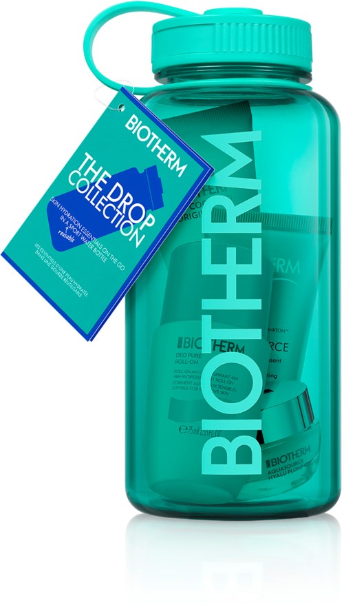 A large turquoise bottle labeled "BIOTHERM" with a smaller bottle inside and a tag that says "THE DROPS COLLECTION."