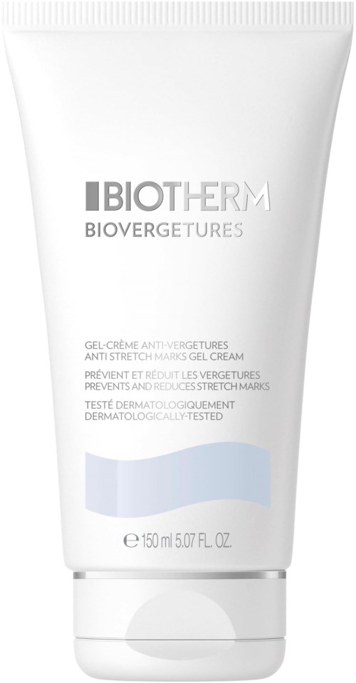 En hvit tube med Biotherm anti-merkekrem, 150 ml, for å redusere arr og merker.