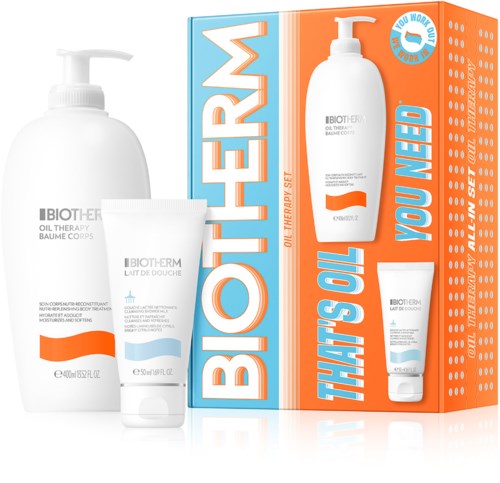 Biotherm olje terapi kroppsset med pumpflaske og tube, for hudpleie og mykhet.