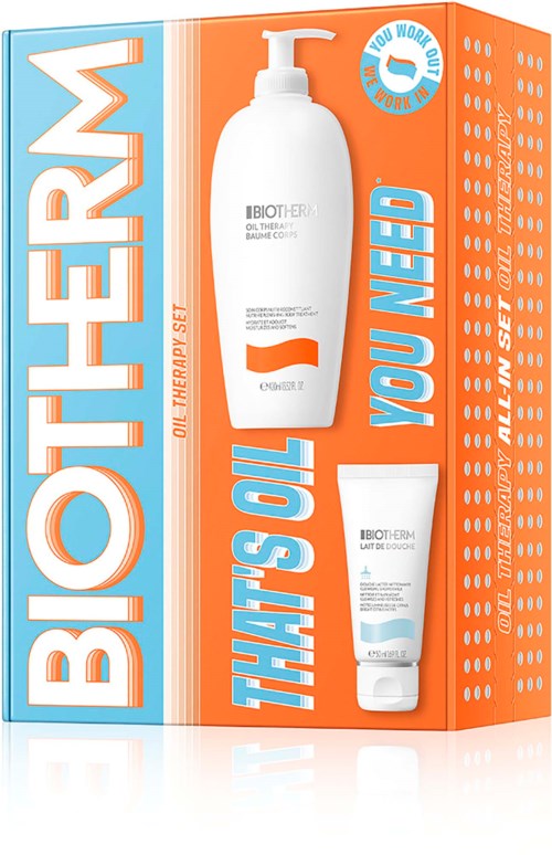 Eske med Biotherm hudpleieprodukter, inkludert en stor hvit pumpeflaske og en mindre tube, med blå og orange detaljer.