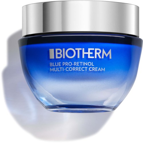 Dit is een blauwe pot met Biotherm Blue Pro-Re-Tinol multi-correctiecrème met een zilveren deksel.