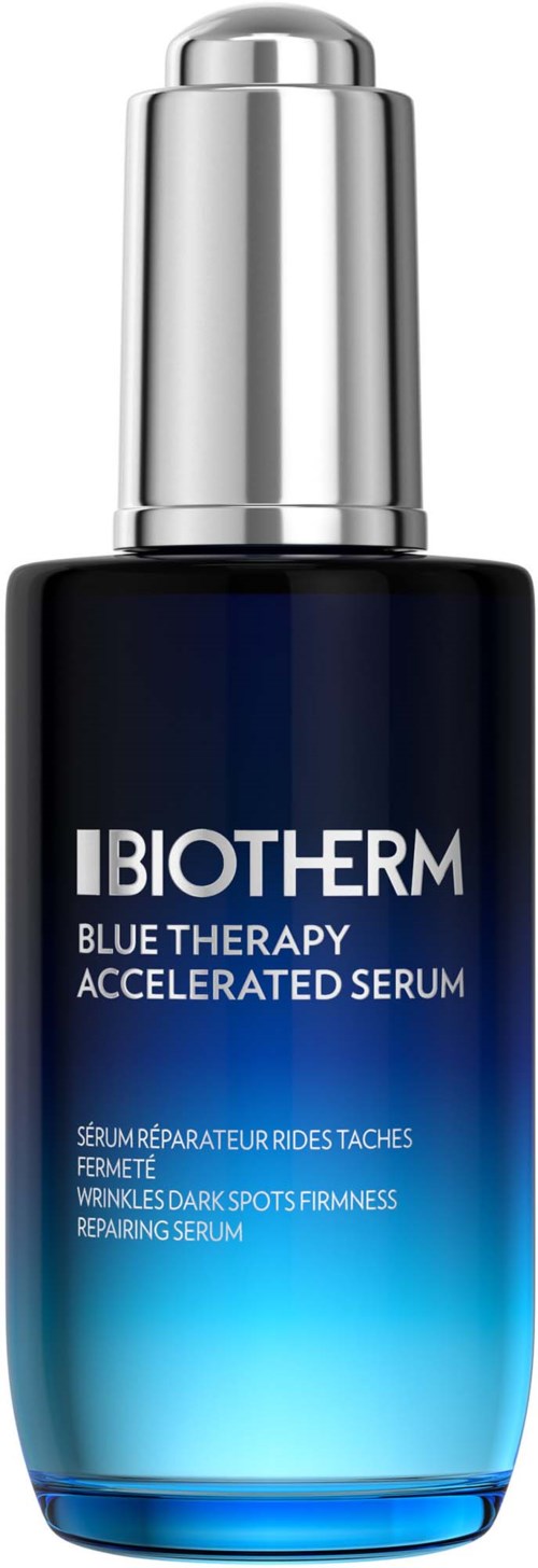 Donkerblauwe fles met zilveren dop gelabeld Biotherm Blue Therapy Accelerated Serum voor donkere vlekken en versteviging.