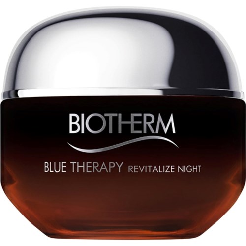 A jar of Biotherm Blue Therapy Revitalize Night skincare product with a shiny silver lid.