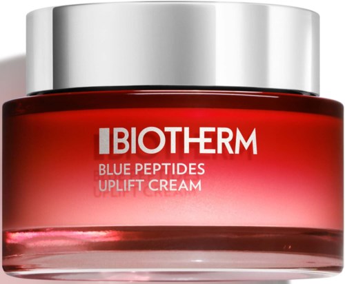 Słoik kremu Biotherm Blue Peptides Uplift Cream z srebrnym wieczkiem i czerwonym opakowaniem.