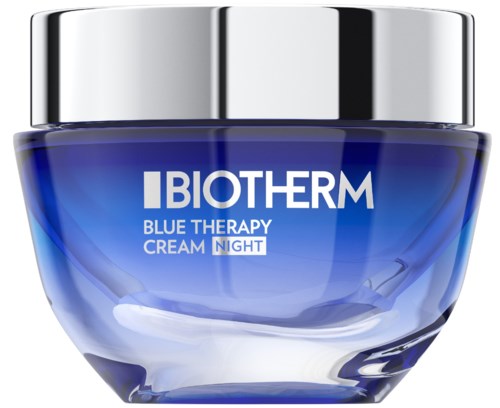 A blue jar with a silver lid, labeled Biotherm Blue Therapy Cream Night.