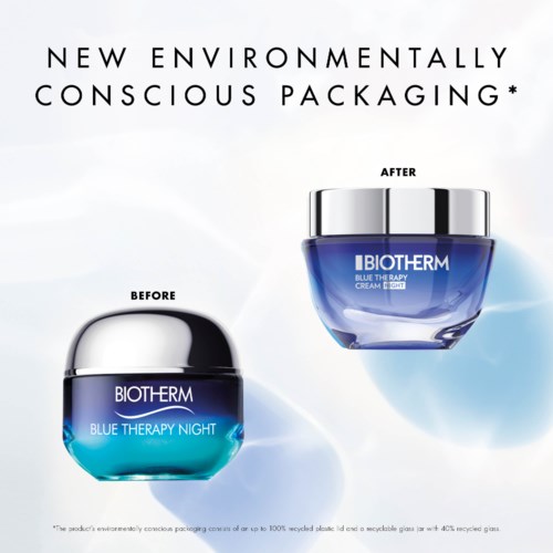A skincare cream jar showing before and after results, emphasizing eco-friendly packaging for a Biotherm product.