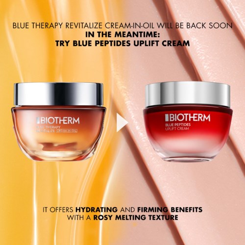 To krukker med Biotherm ansiktskrem, en oransje og en rød, med tekst om produktfunksjoner og fordeler.