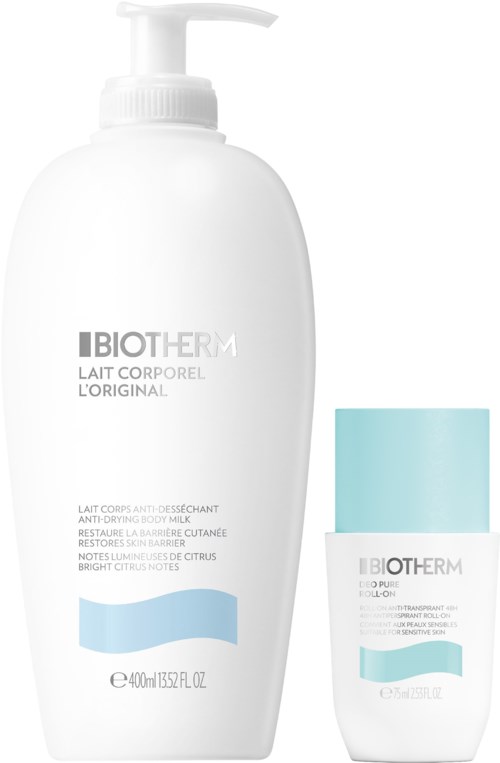 Two Biotherm skincare products, one large and one small, with white and blue designs on a white background.