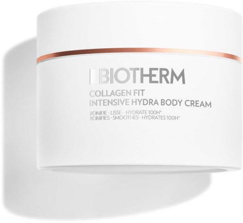 Een witte pot met bruine en zilveren lijnen, gelabeld Biotherm Collagen Fit Body Cream voor hydratatie en gladheid.