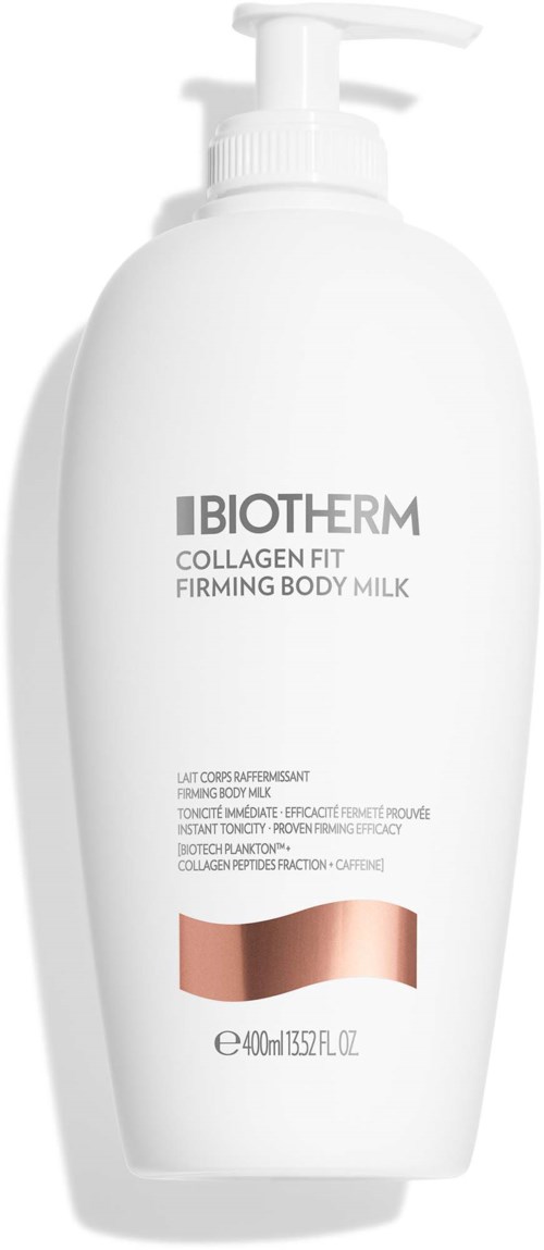 En vit flaska med pump innehåller Biotherm Collagen Fit, ett fastnande kroppsmjölk, med rosa och guld design accenter.