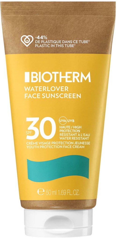 Een gele en bruine tube van Biotherm Waterlover Face Sunscreen met SPF 30, waterdicht en hoge bescherming voor jongeren.