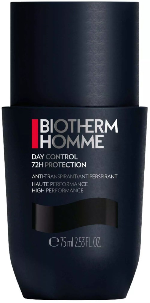 A dark bottle of Biotherm Homme deodorant with a black cap and white labeling. It offers 72 hours protection.